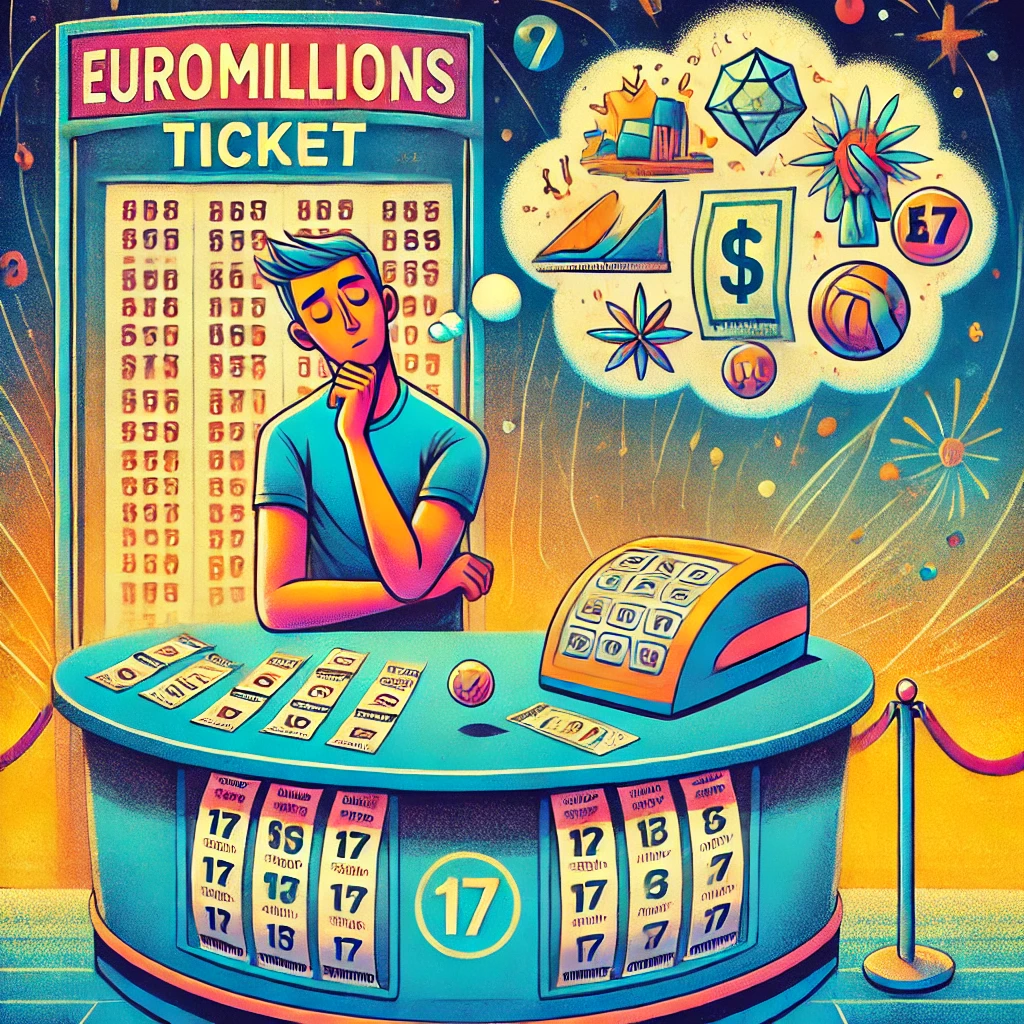 Dall·e 2024 09 09 22.48.48 A Colorful Illustration Emphasizing Responsible Lottery Play. The Image Shows A Person Standing At A Lottery Ticket Counter With A Thoughtful Expressi